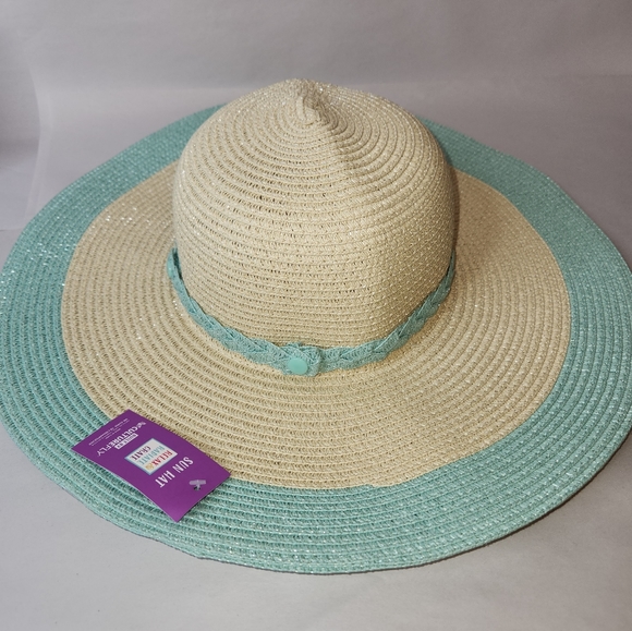 The Girlfriend Hat Wide Brim Hat Stripe Braided Hat Band Baby Blue Natural Paper - Picture 2 of 8